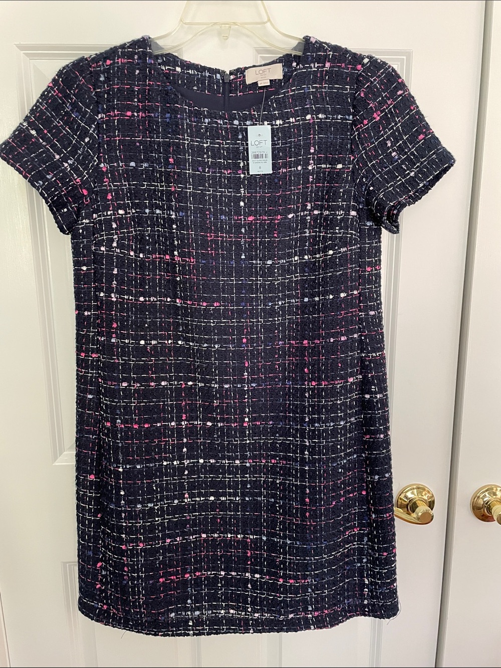 LOFT Outlet NWT Petite Navy Tweed Shift Dress with Pink & White Accents size 8P